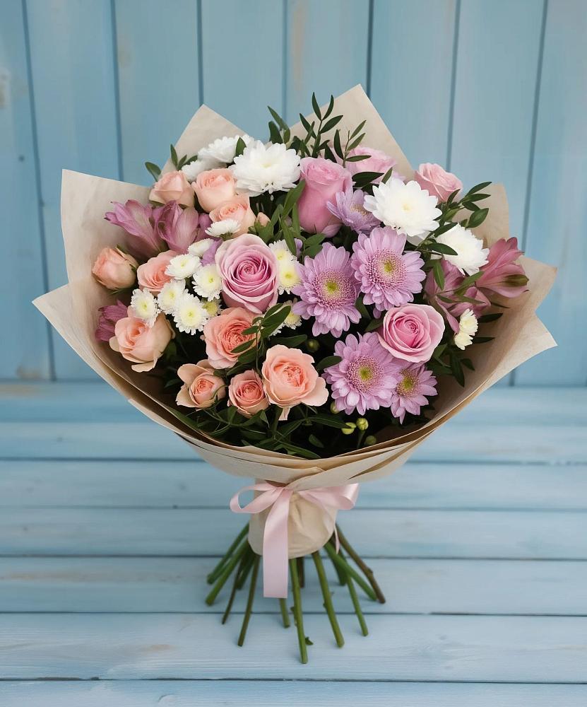 Букет цветов из: Хризантемы, Розы и Альстромерии в Энергетик