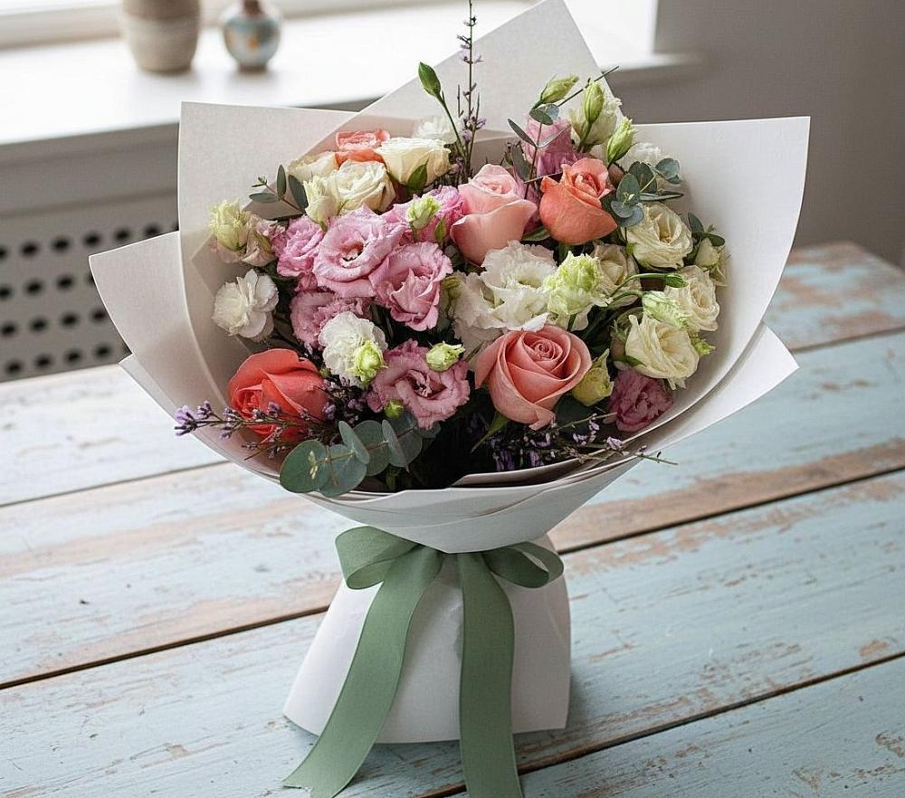 Букет цветов из: Розы, Лизиантусы и Гвоздики в Энергетик