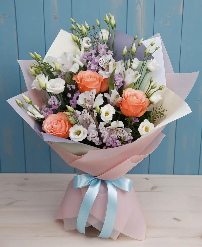 Букет цветов из: Лизиантусы, Розы, Альстромерии и Гипсофила в Энергетик