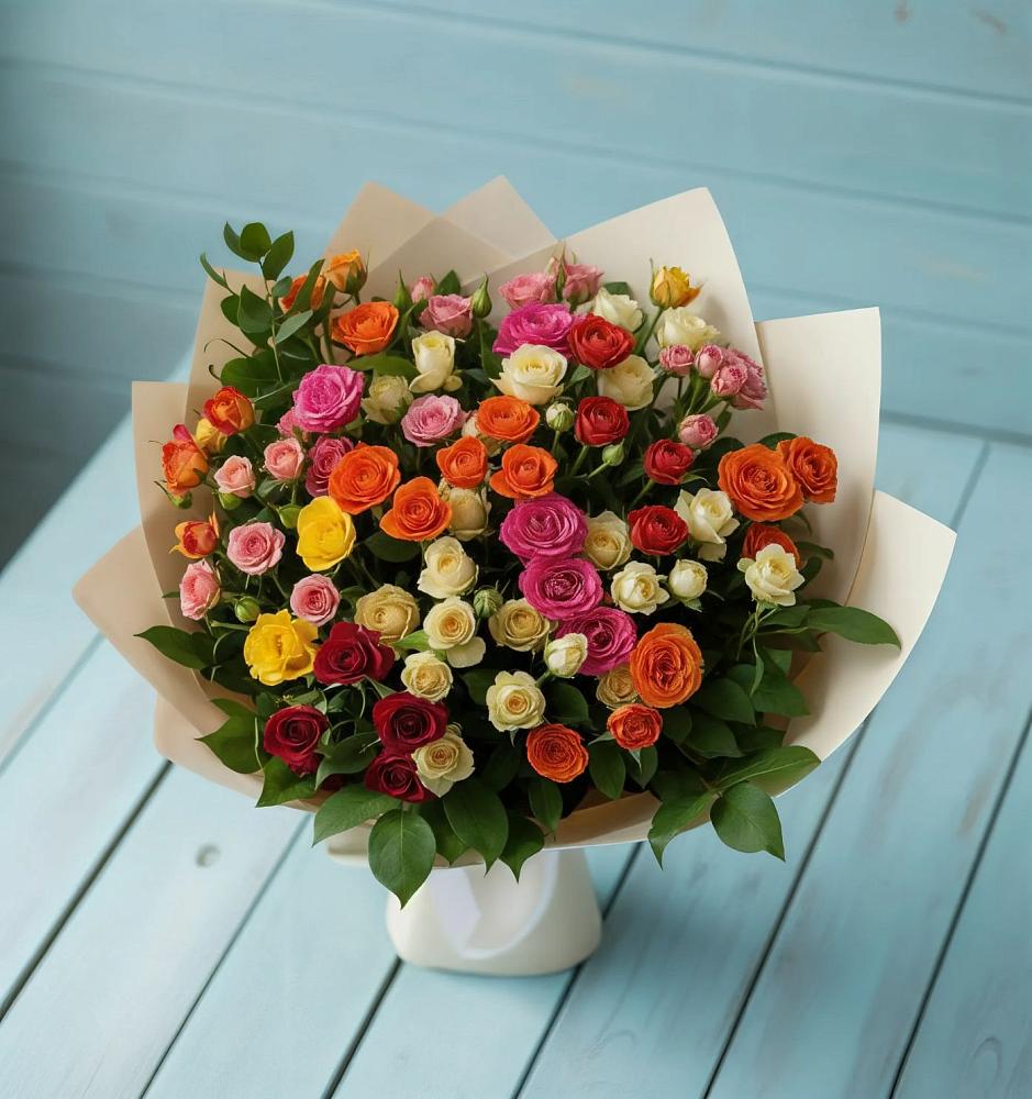 Букет Микс из разноцветных кустовых роз в Энергетик