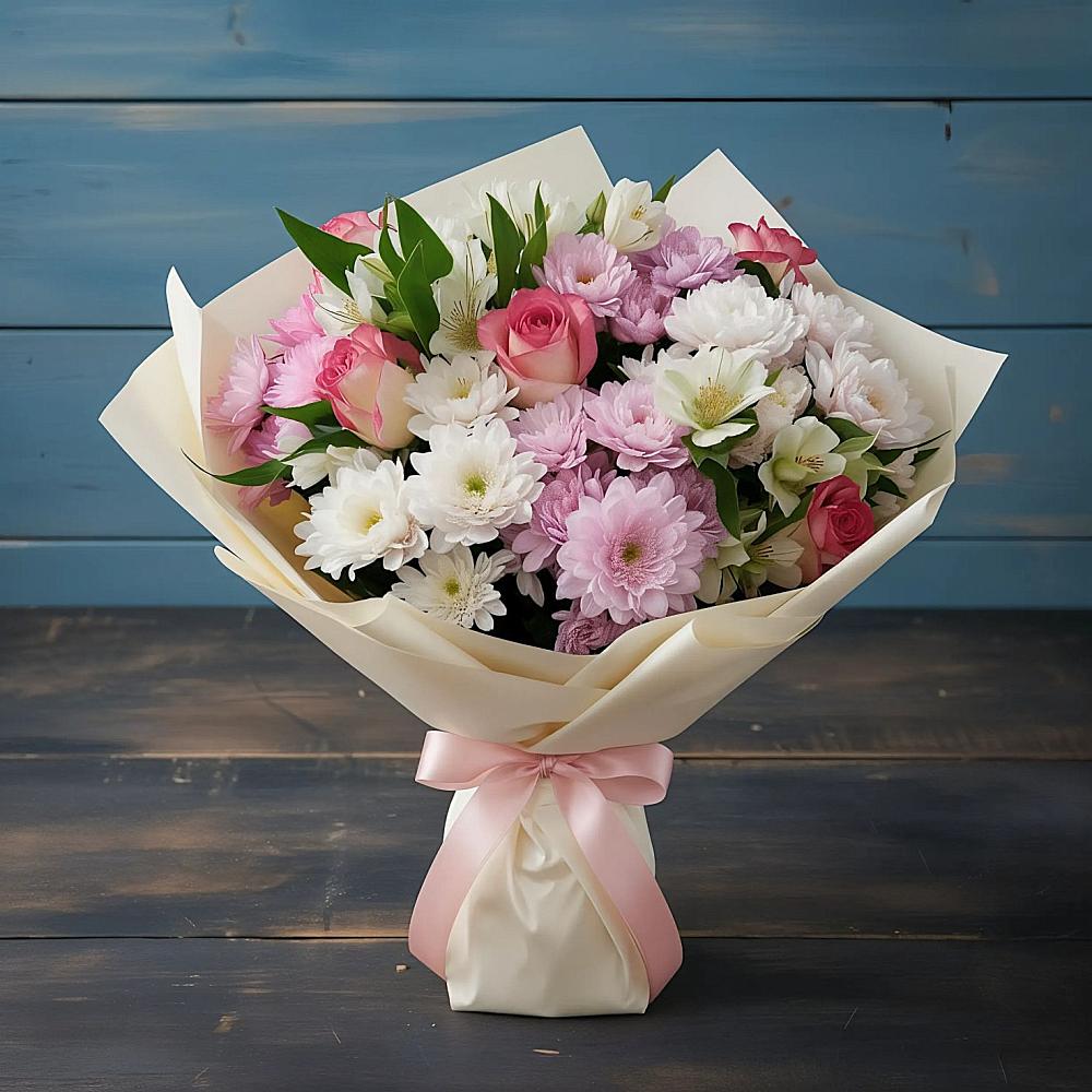 Букет цветов из: Хризантемы, Альстромерии и Розы в Энергетик